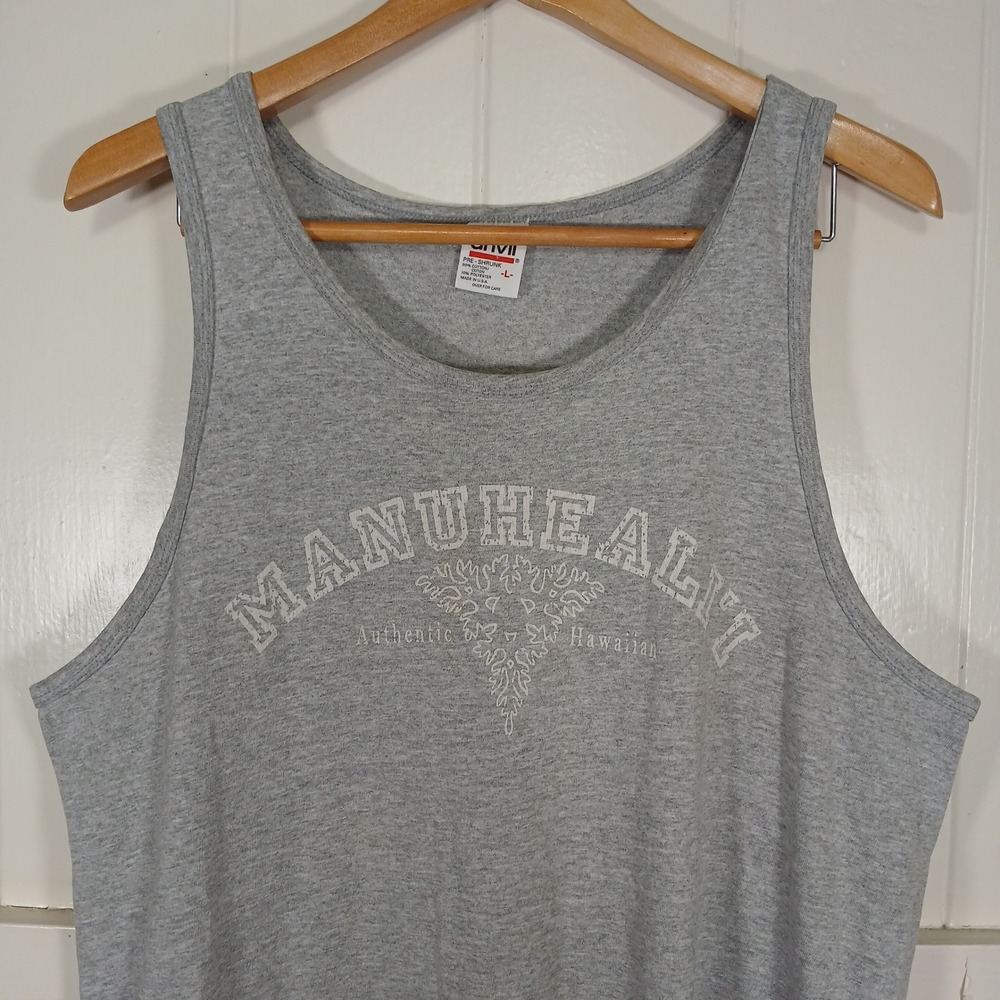 Manuheali'i Tank Top Mens Large Gray Graphic Hawaiian Sleeveless Anvil USA